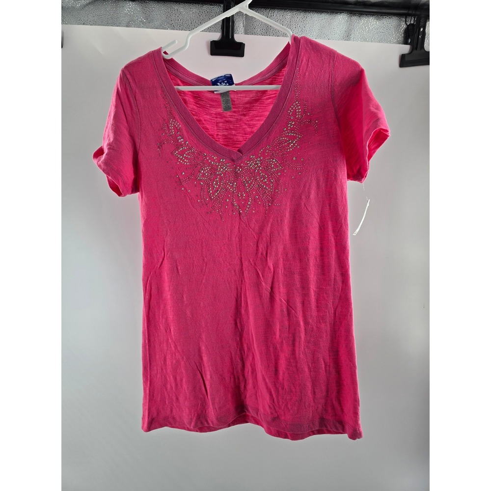 PFI Fashions Womens Hot Pink Rhinestone V-Neck Slub Knit T-Shirt‎ Size L New